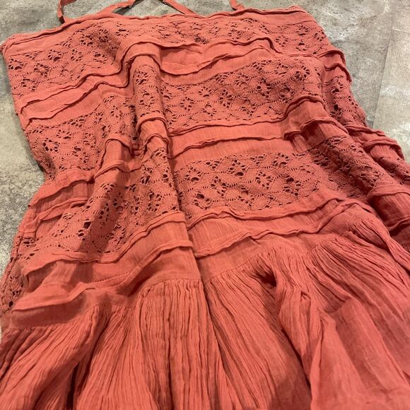 free people cross back flowy tiered coral crochet dress size medium - Picture 2 of 6